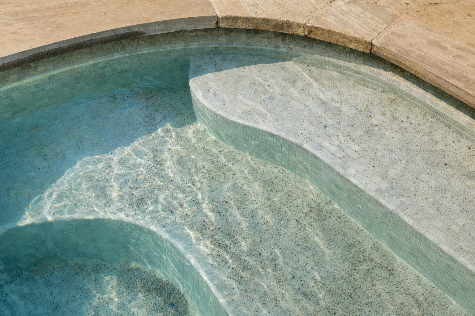 Fine sand and grit on the tiled floor of a hot tub seen through clear water