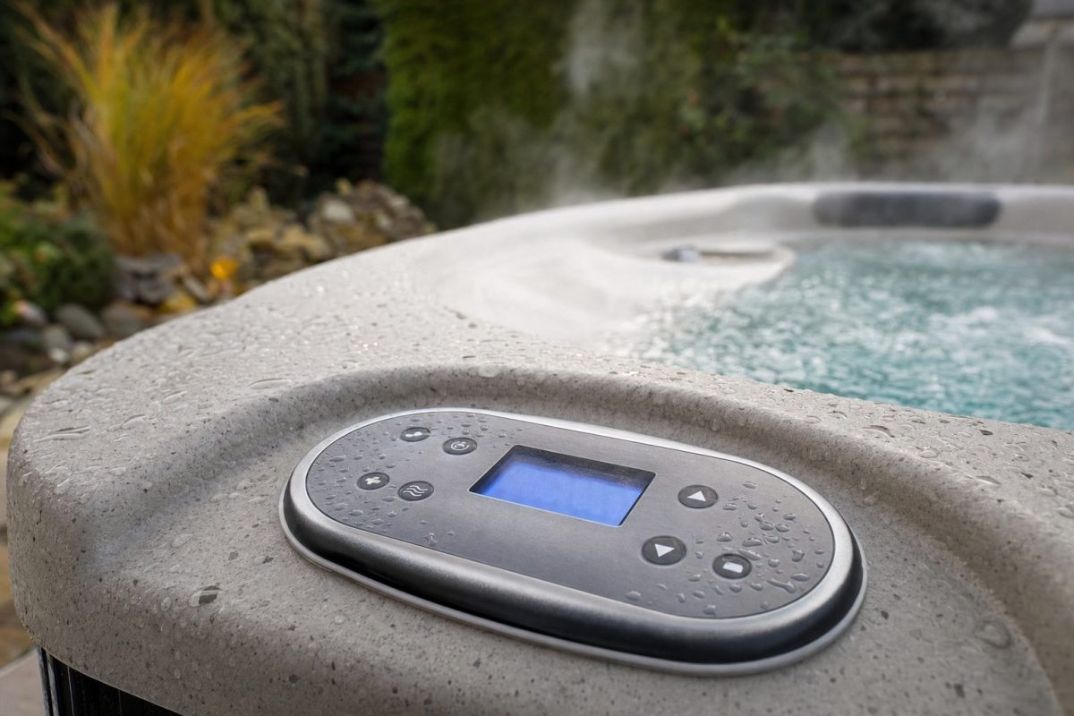 Oval hot tub topside control panel with a glowing display set into the rim of a hot tub