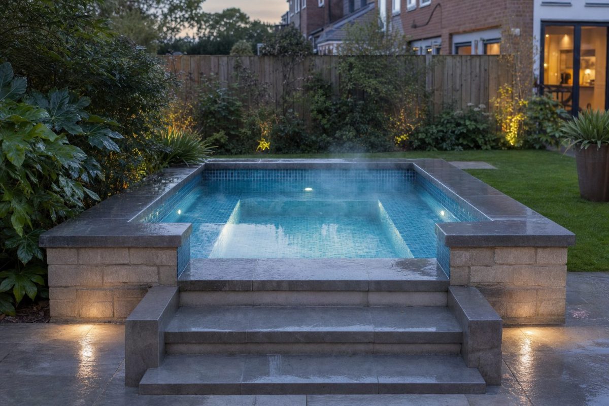 Tiled DIY in-ground hot tub in a back garden with a timber fence and planting behind it