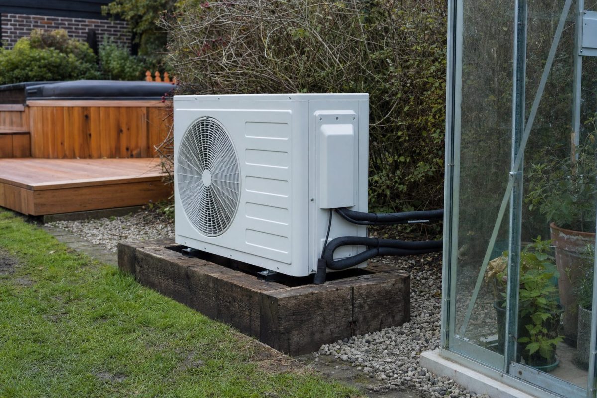 Air source heat pump on a timber sleeper plinth beside a greenhouse with pipes running towards a cedar hot tub deck