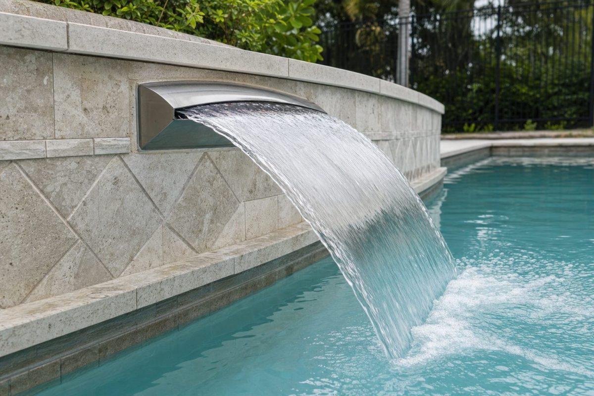 Stainless steel wide arc water blade pouring a smooth arc of water into a pool
