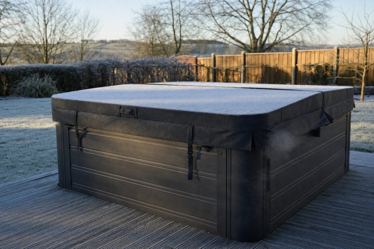 Hot tub with its cover on in a frosty garden on a winter morning