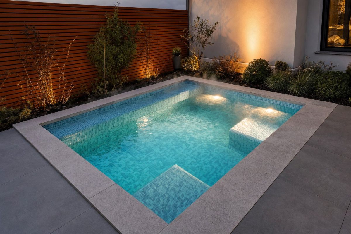 A 12ft x 8ft tiled cocktail pool with a built-in bench and sun shelf at dusk, the kind of DIY build this cocktail pool cost guide prices up