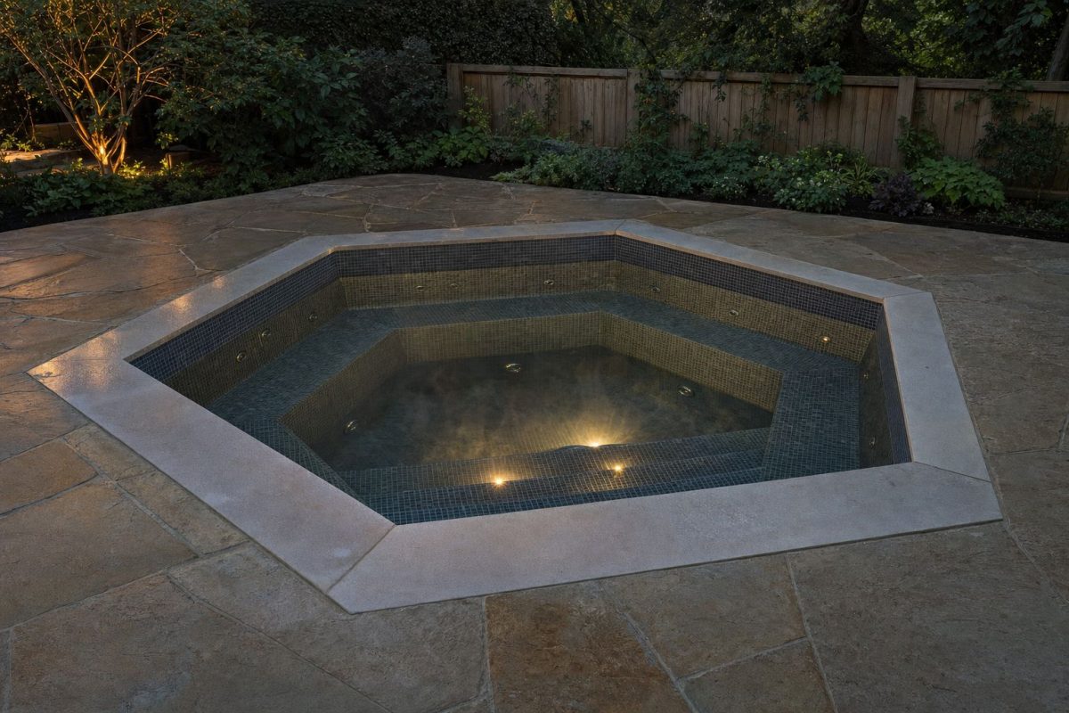 Hexagon hot tub sunk flush into a stone patio at dusk, with dark mosaic tiles, bench seats and a central footwell