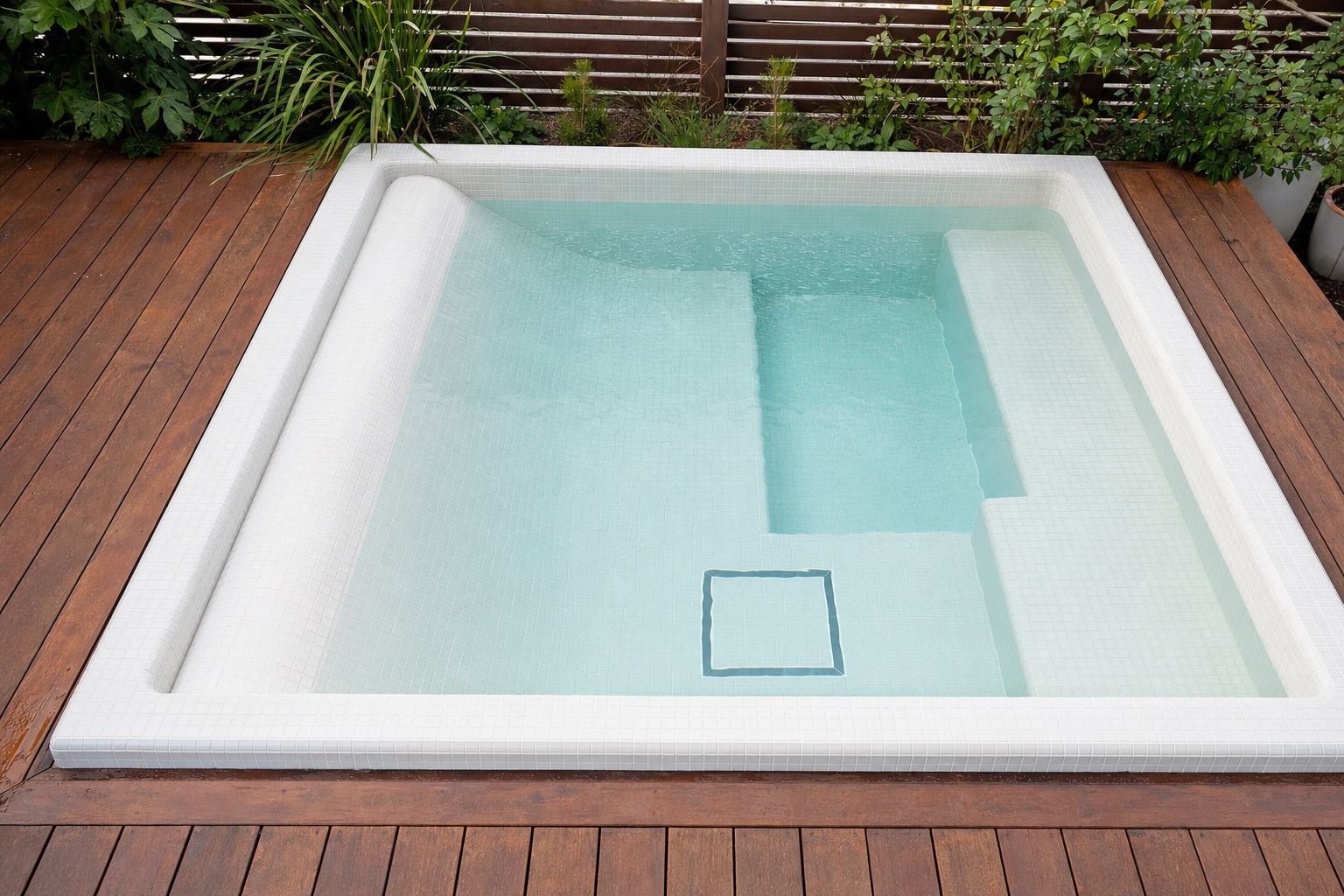 A white mosaic hot tub built into a timber deck with a lounger seat and bench seats at different depths
