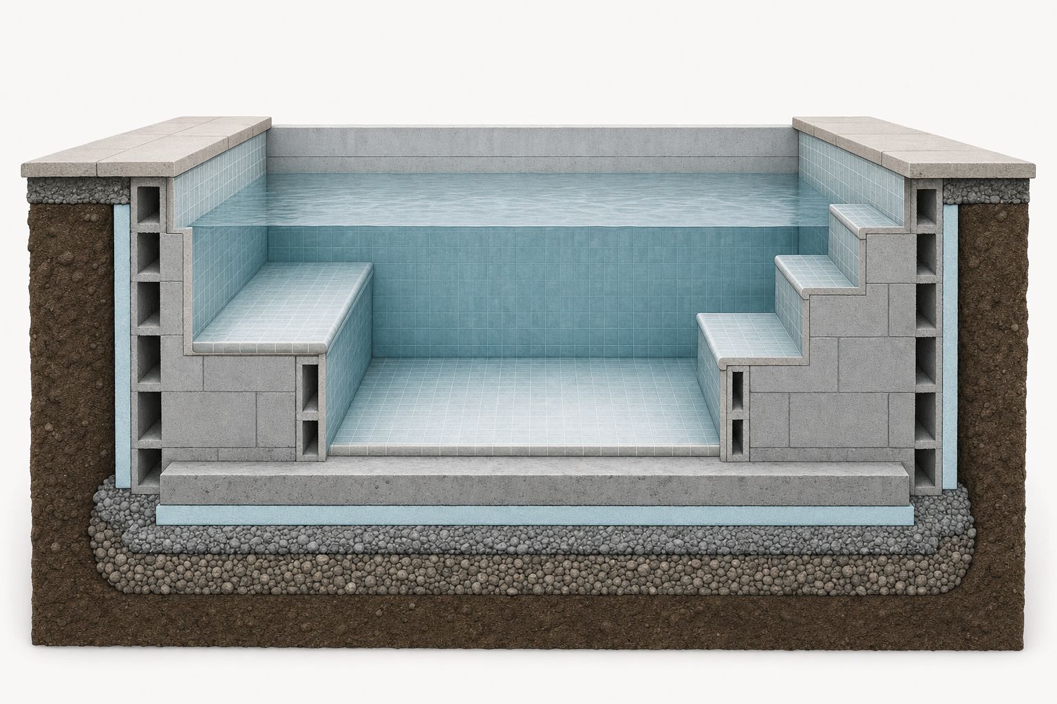 Cutaway of a block-built in-ground hot tub showing hot tub depth, a bench seat, the footwell and entry steps