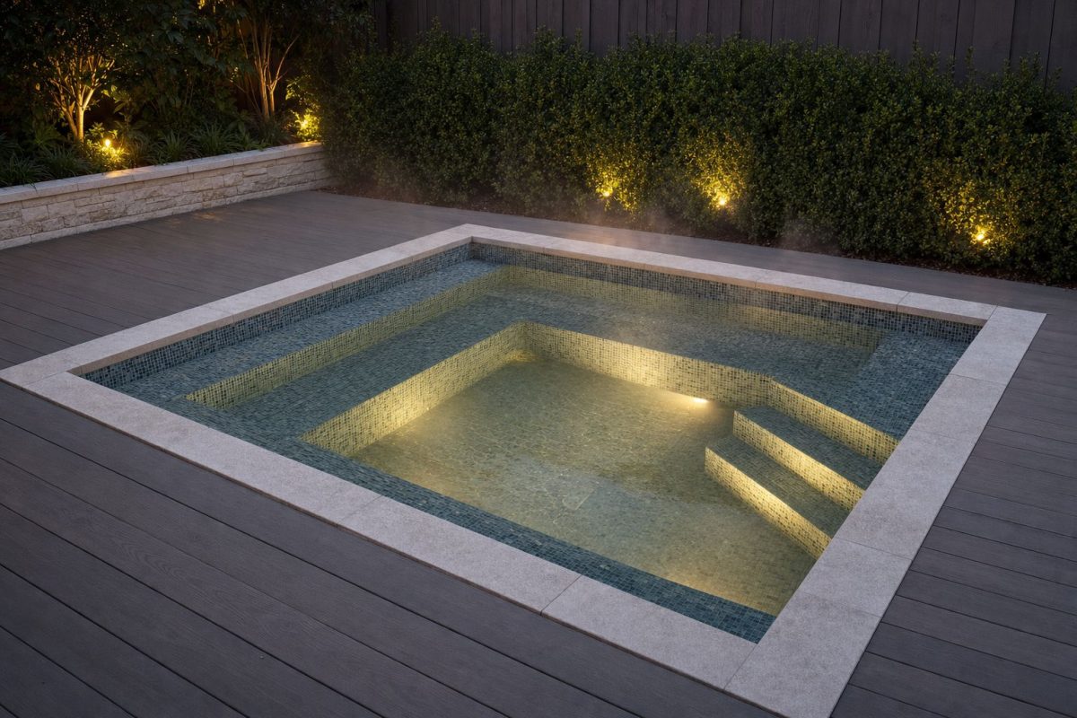 A sunken square tiled hot tub at dusk showing bench seats, a central footwell and steps, illustrating hot tub depth