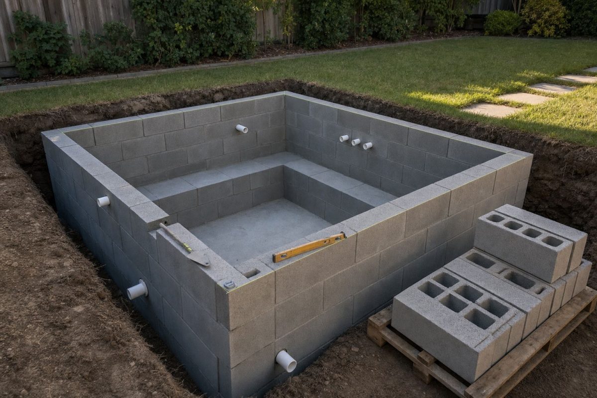 Square in-ground hot tub with concrete block walls under construction, showing bench seat, footwell and plumbing stubs before the hot tub dimensions are finished with render and tile