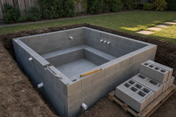 Square in-ground hot tub with concrete block walls under construction, showing bench seat, footwell and plumbing stubs before the hot tub dimensions are finished with render and tile