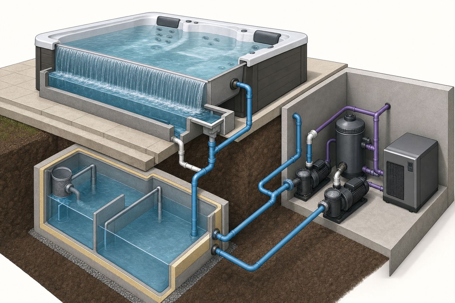 Cutaway diagram of the extra parts behind infinity hot tub cost: weir edge, catch trough, insulated balance tank, two pumps, filter and heater