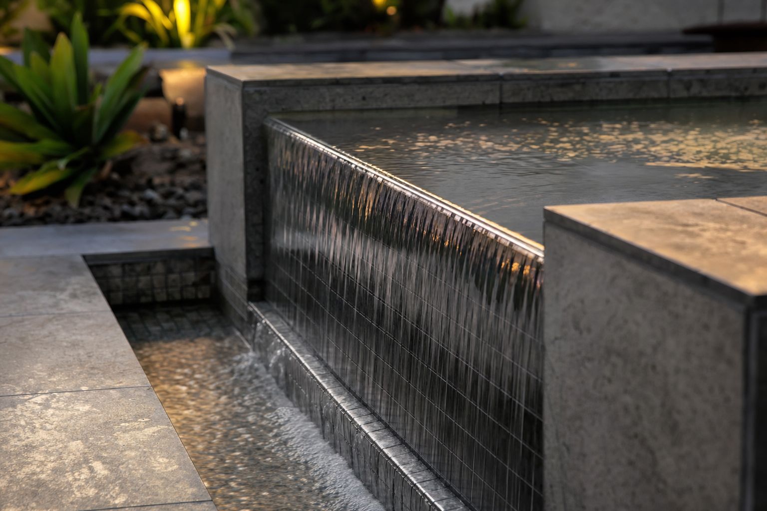 Close-up of water flowing in an even sheet over a level, flat-topped weir into a tiled catch channel