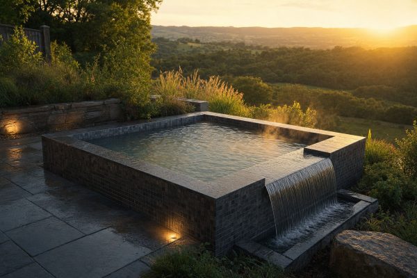 Tiled concrete infinity hot tub with one overflow edge spilling into a catch trough, overlooking a hillside view at sunset