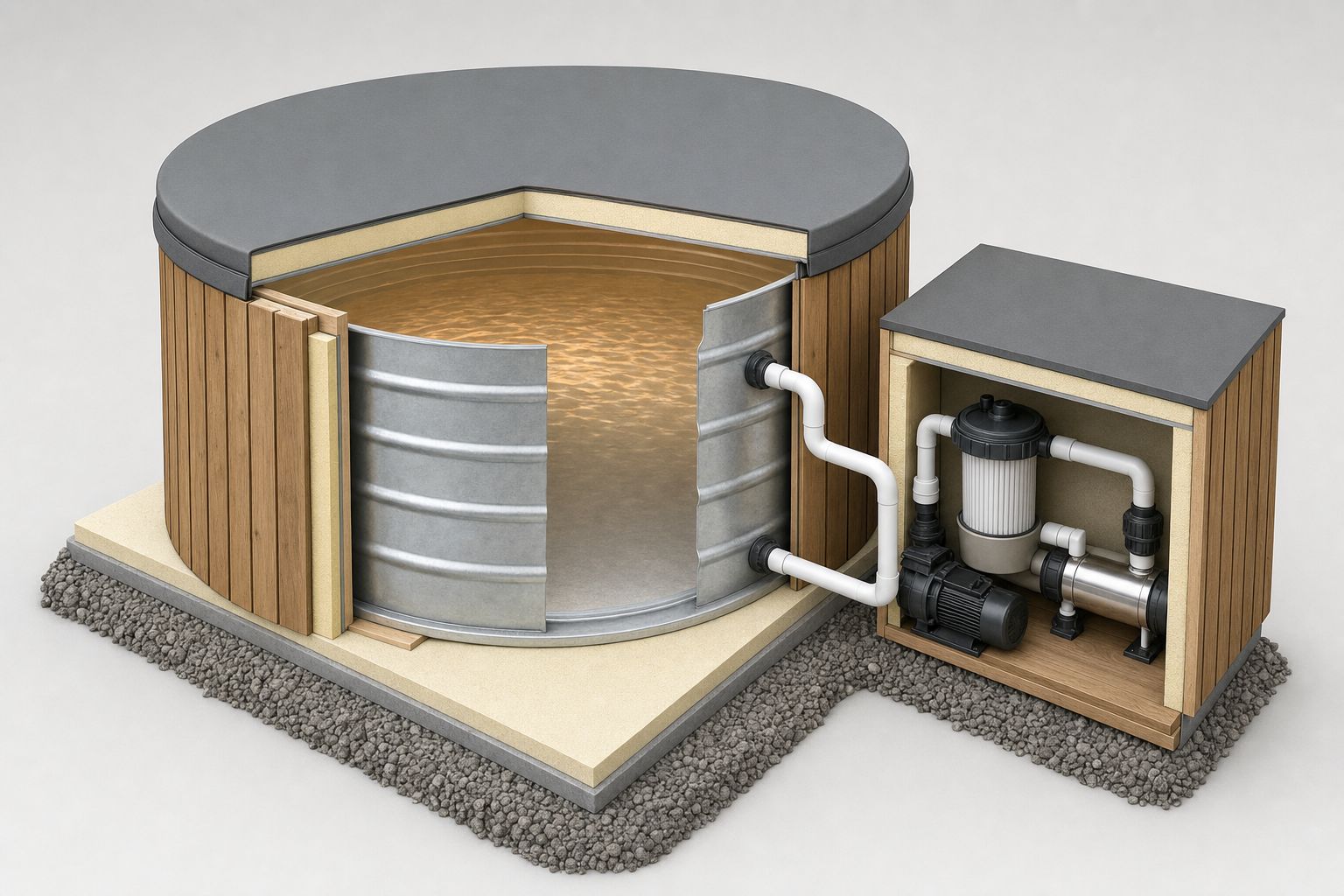 Cutaway of an insulated stock tank hot tub showing foam board behind timber cladding, an insulated base and cover, and a pump, filter and heater in an insulated box