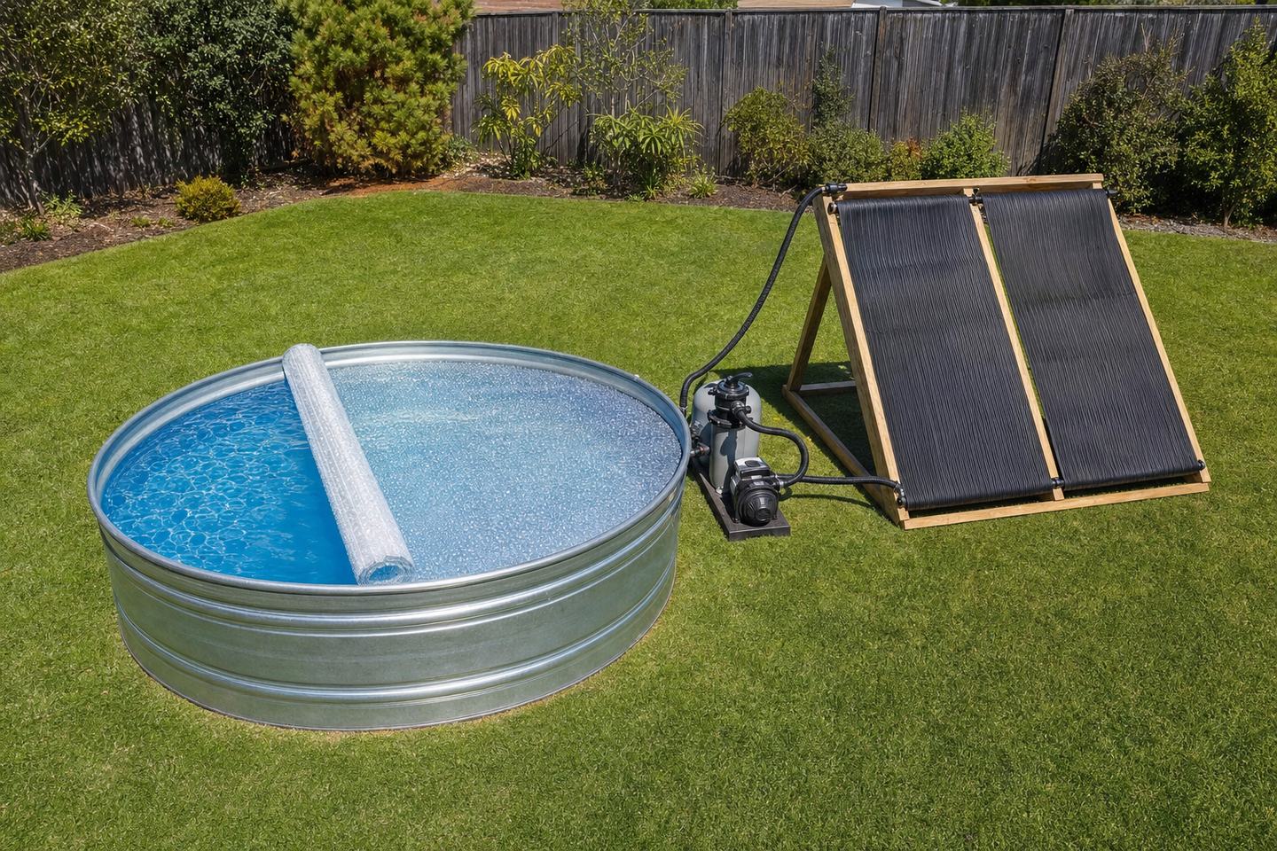 Round galvanised stock tank pool with a bubble solar cover and two solar heating mats on a timber frame, plumbed through a small pump and filter