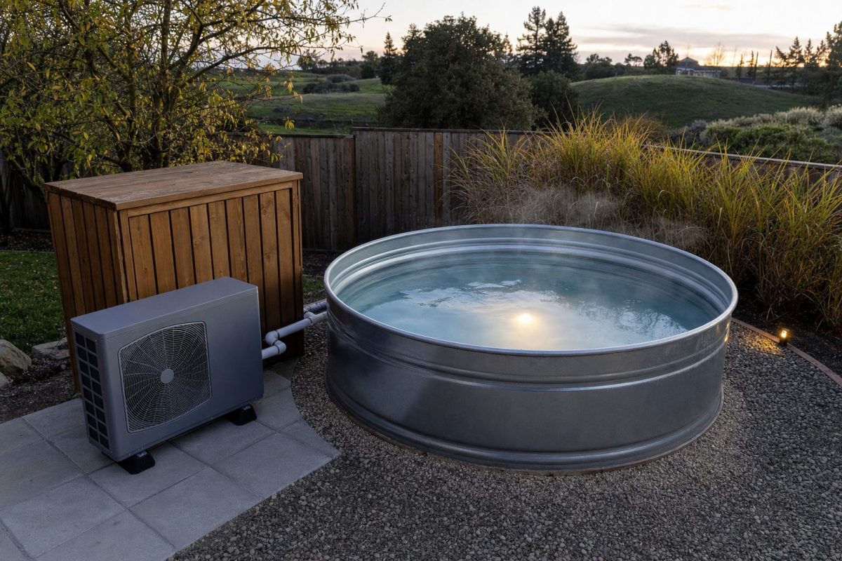 Stock tank pool heater set-up: a steaming galvanised stock tank on a gravel base with an air source heat pump and timber equipment box beside it