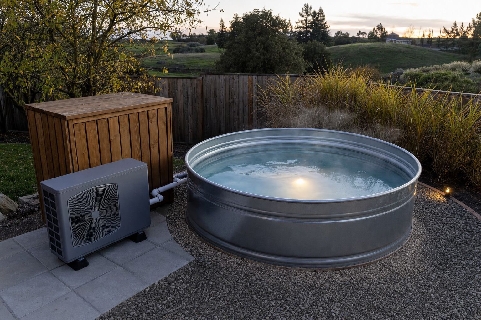 Stock tank pool heater set-up: a steaming galvanised stock tank on a gravel base with an air source heat pump and timber equipment box beside it