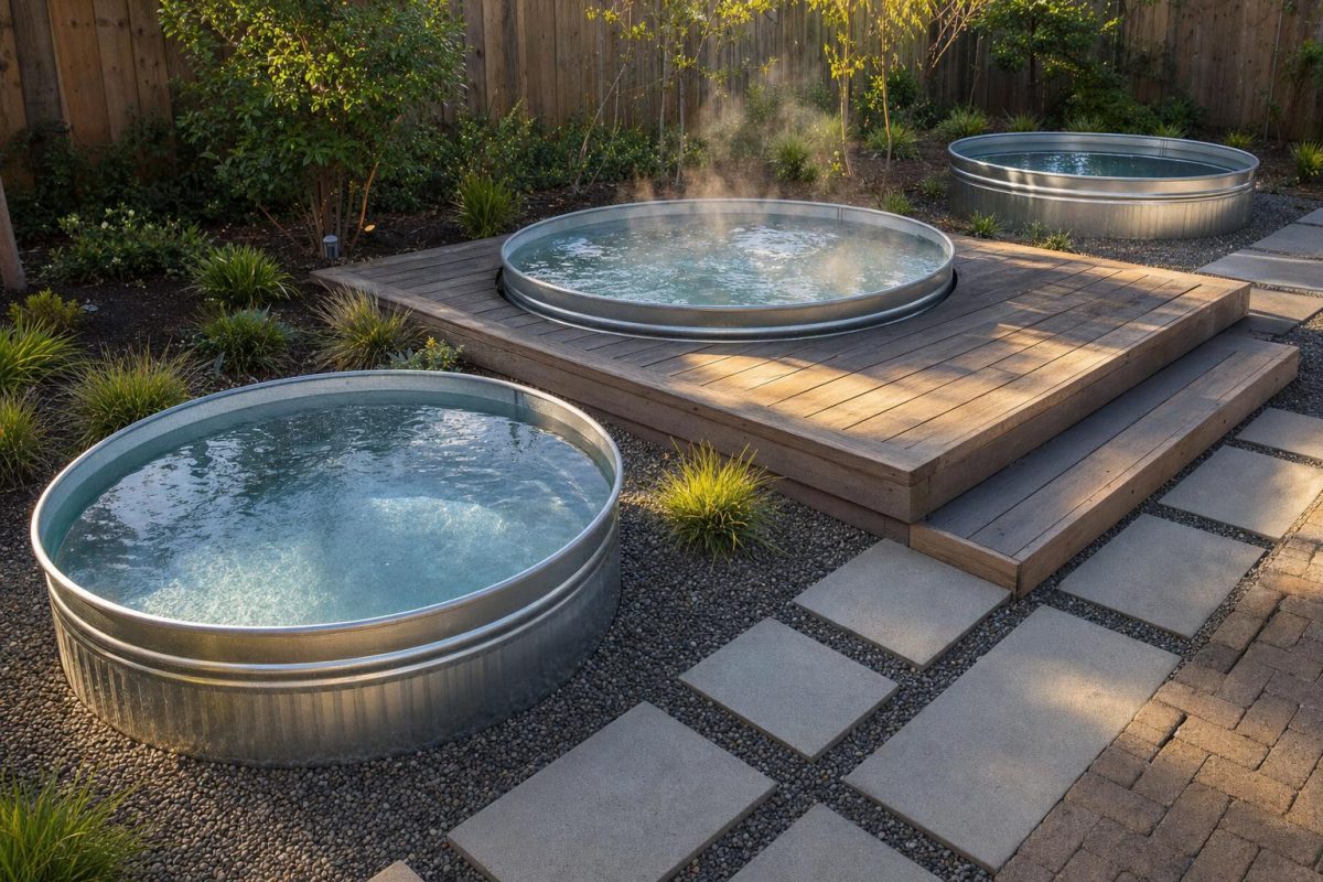 Stock tank sizes compared: 6ft, 8ft and 10ft round galvanised tanks in a backyard, the middle one set into a timber deck