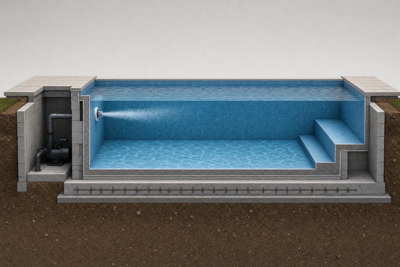 Cutaway of a block-built swim spa showing swim spa size and depth, with the swim jet pump below the waterline and steps at the far end