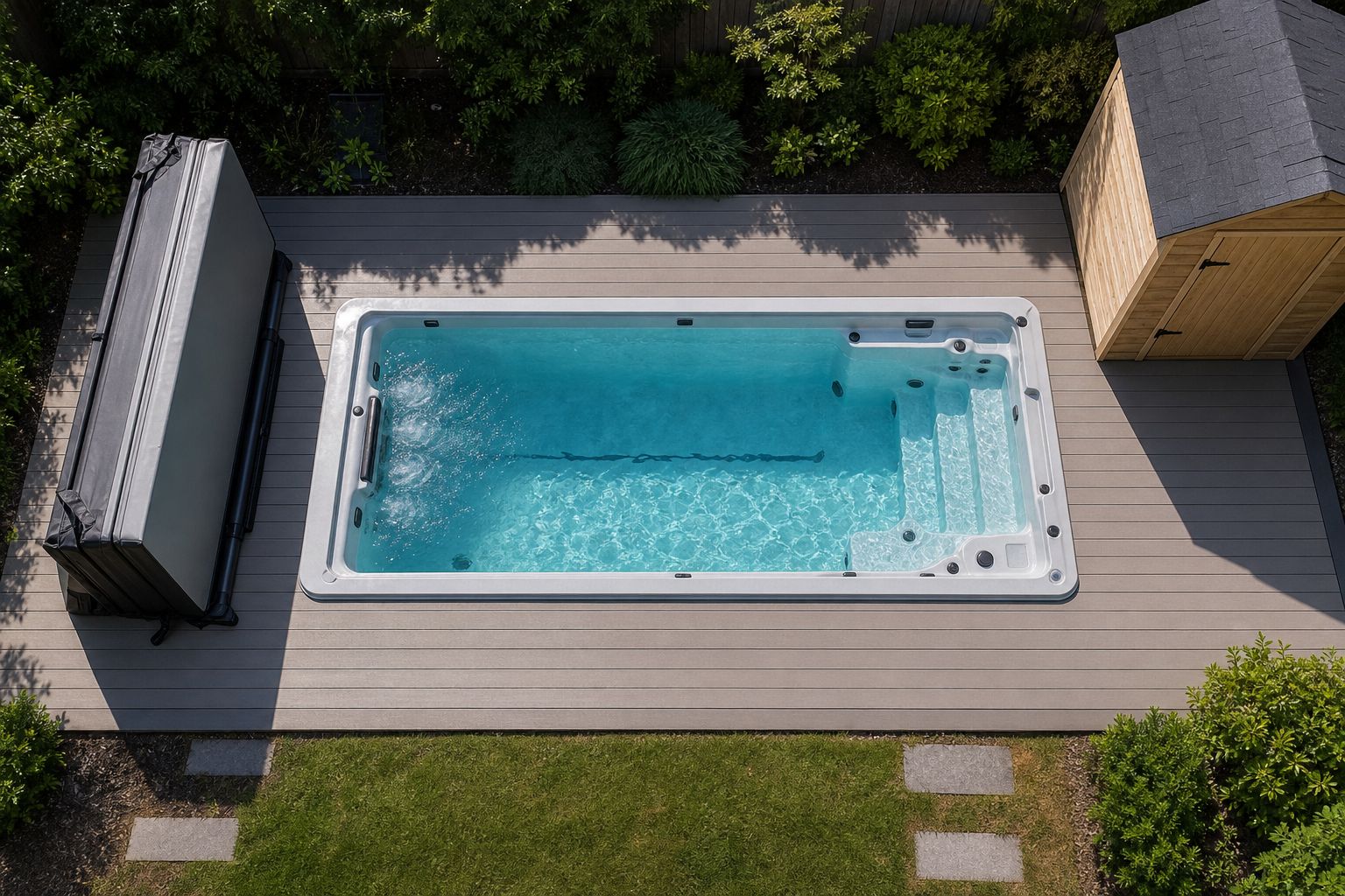 Aerial view of a swim spa set into decking, with space for a walkway, cover storage and an equipment shed