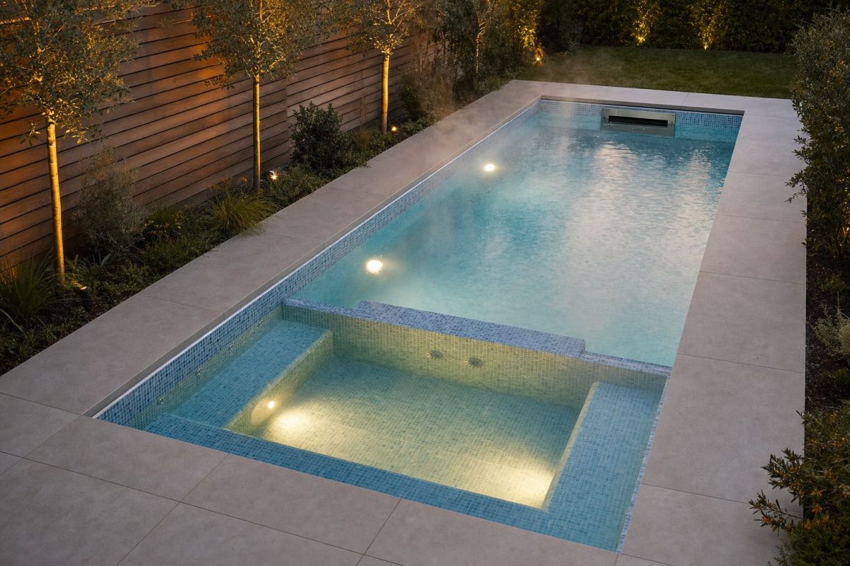 An in-ground tiled swim spa with a swim jet at one end and a seating area at the other, showing a typical swim spa size for a back garden